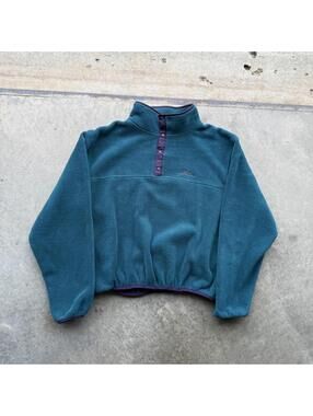 Vintage LL Bean women’s teal T snap fleece pullover size medium cropped fit